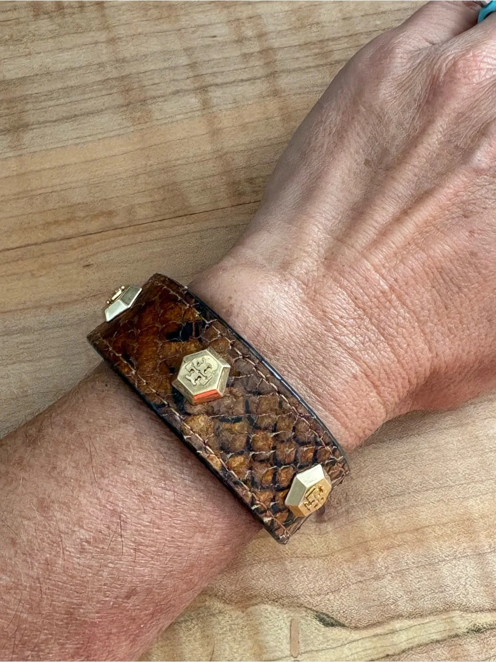 Tory Burch Brown Snake-Textured Leather Cuff Bracelet with Gold Hex Logo Studs
